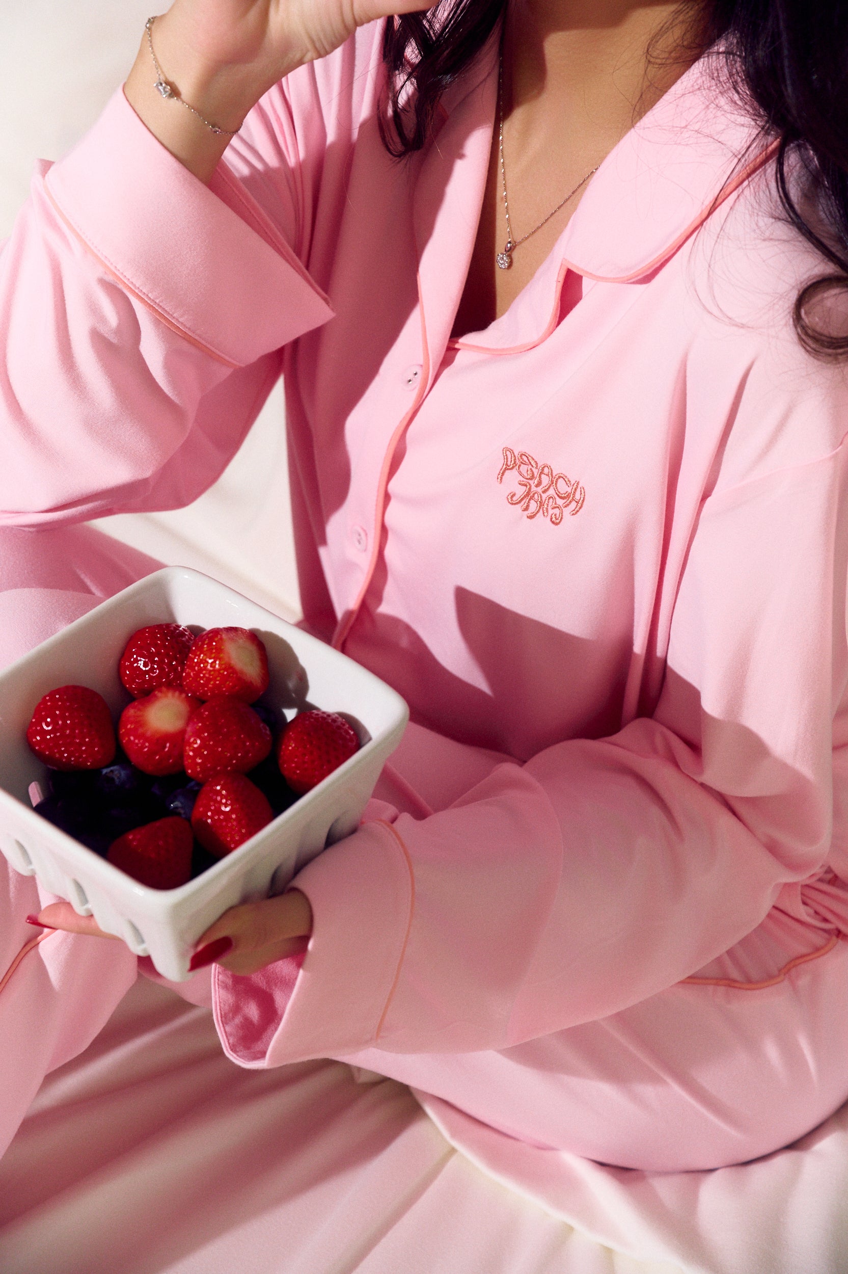 pink strawberry peach bamboo pyjama shirt with embroidery