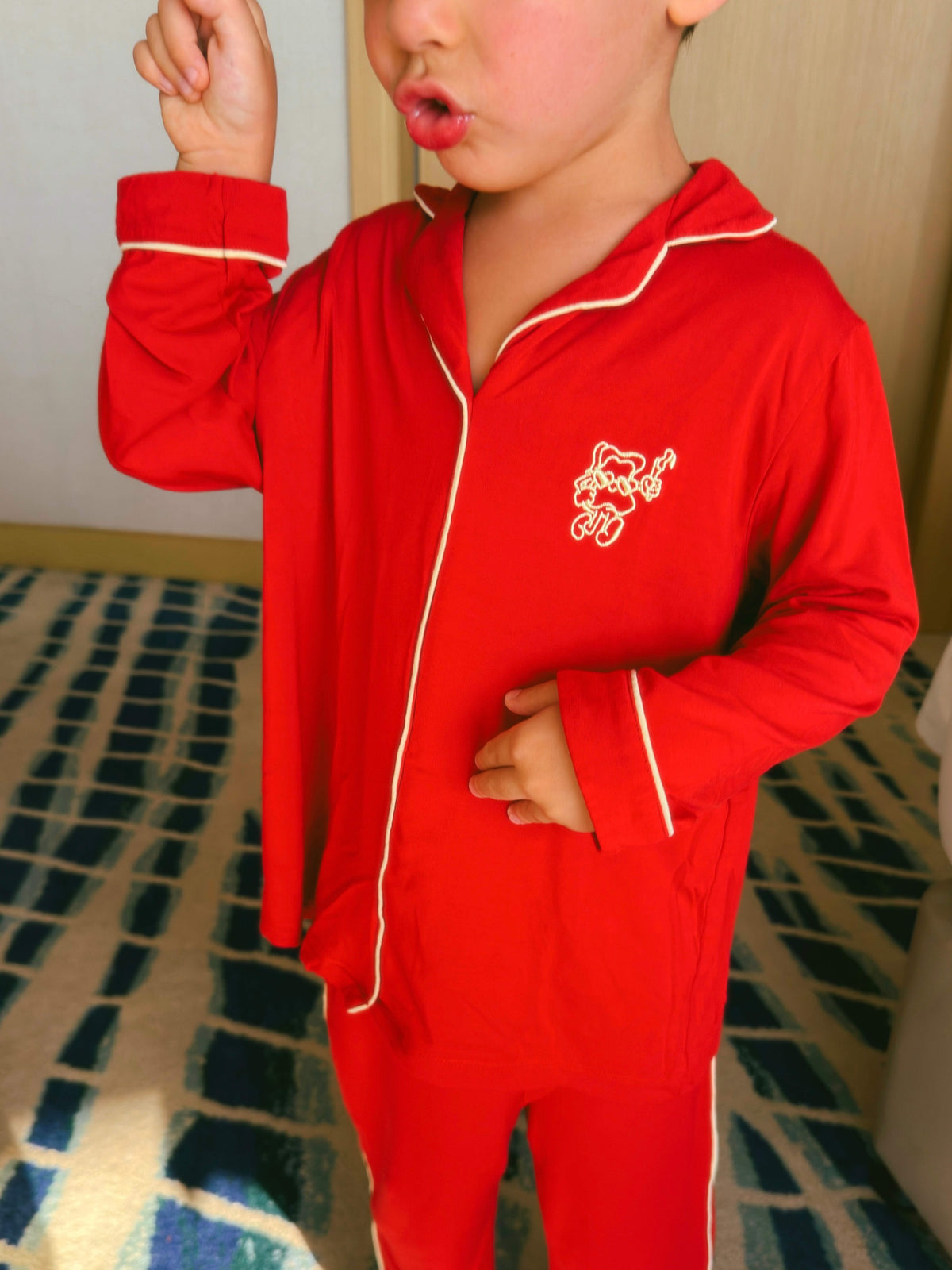 kids red bamboo pyjama shirt with mascot embroidery