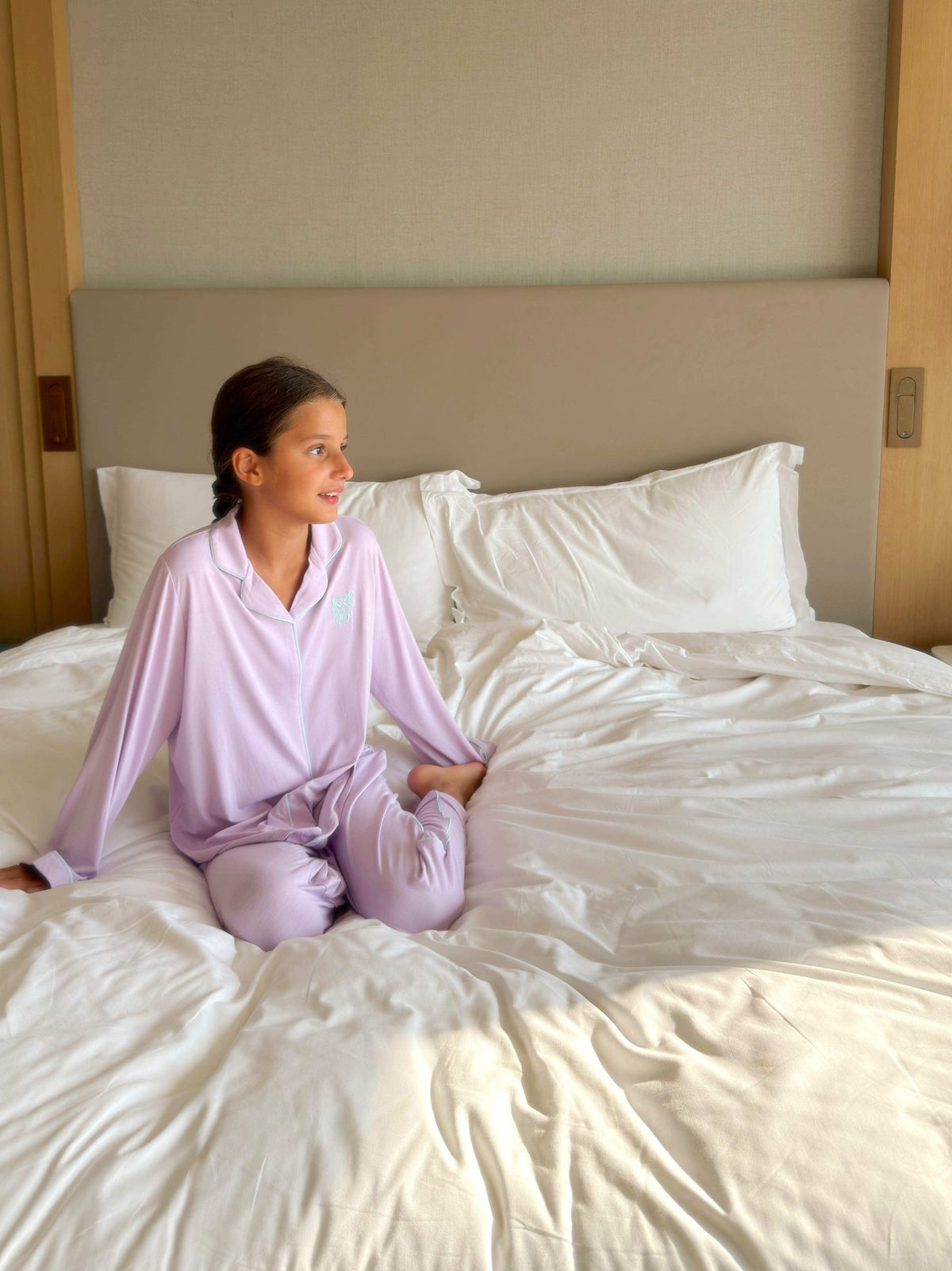 purple kids bamboo pyjama shirt on girl 